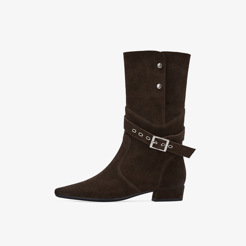 73hours女鞋牛仔假日2025冬季新品金属方跟纯色西部靴