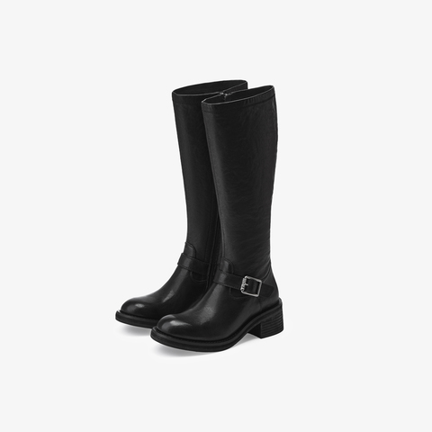 73hours女鞋关键帧2025冬季新品圆头纯色长筒骑士靴