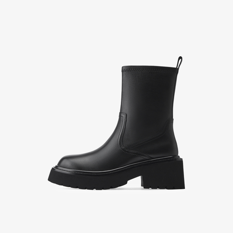 73hours女鞋自由轮廓2025冬季圆头纯色方跟弹力靴