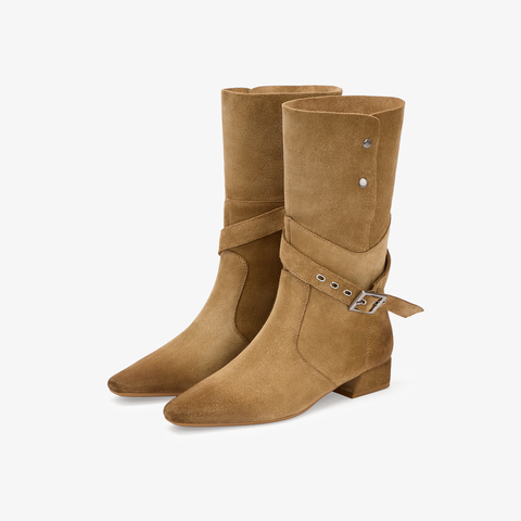 73hours女鞋牛仔假日2025冬季新品金属方跟纯色西部靴