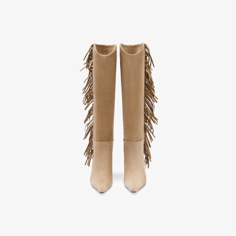 73hours女鞋热烈沙丘2025冬季新品流苏细跟尖头时装靴
