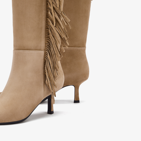 73hours女鞋热烈沙丘2025冬季新品流苏细跟尖头时装靴