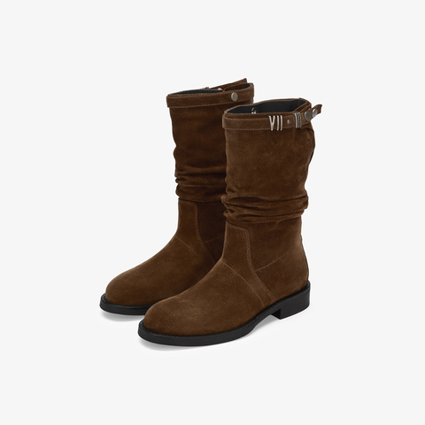 73hours女鞋游牧骑士2025冬季新品圆头纯色方跟西部靴