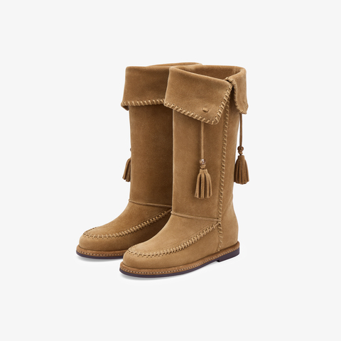 73hours女鞋自由波嬉2025冬季新品纯色长筒圆头西部靴