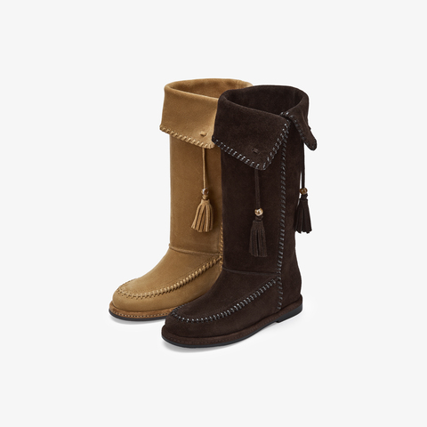 73hours女鞋自由波嬉2025冬季新品纯色长筒圆头西部靴