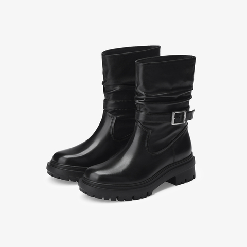 73hours女鞋朋克气息2025冬季新品圆头厚底纯色时装靴