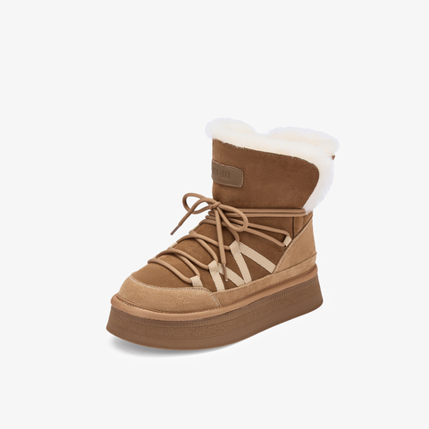 73hours女鞋茸茸云朵2025冬季新品圆头系带厚底雪地靴