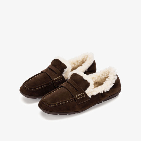 73hours女鞋Pancake毛2025秋季圆头纯色平底豆豆鞋