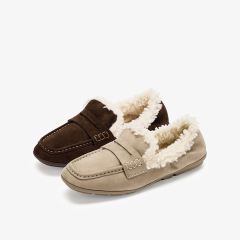 73hours女鞋Pancake毛2025秋季圆头纯色平底豆豆鞋