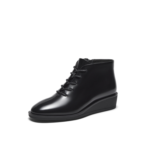 真美诗2023冬季新款商场同款简约纯色羊皮坡跟马丁靴42432DD3