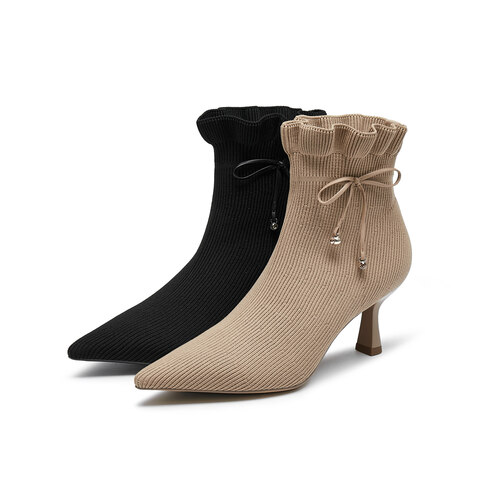 真美诗2024冬季新款优雅尖头高跟袜靴时装靴YWM46DD4