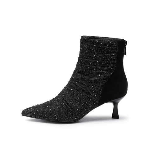 真美诗2024冬季新款烫钻纱面高跟尖头时装靴YVA34DD4