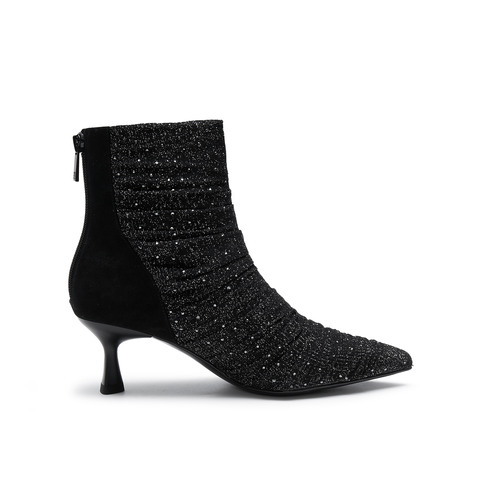 真美诗2024冬季新款烫钻纱面高跟尖头时装靴YVA34DD4