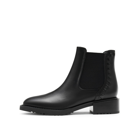 真美诗2024冬季新款光泽牛皮舒适粗跟经典切尔西靴女YUJ48DD4