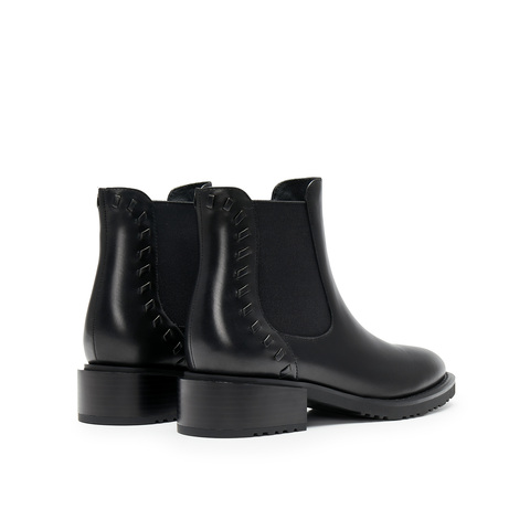 真美诗2024冬季新款光泽牛皮舒适粗跟经典切尔西靴女YUJ48DD4