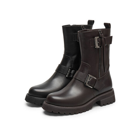 真美诗2024冬季新款光泽牛皮金属搭扣舒适粗跟机车靴女YZR02DZ4