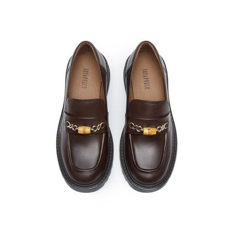 真美诗2025春季新款光泽牛皮竹节链饰舒适粗跟乐福鞋女YQB13AA5