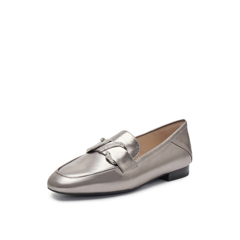 真美诗2025春季新款贴膜牛皮蛇形钻扣低跟乐福鞋女YOK75AA5