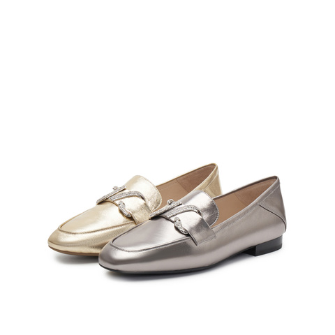 真美诗2025春季新款贴膜牛皮蛇形钻扣低跟乐福鞋女YOK75AA5