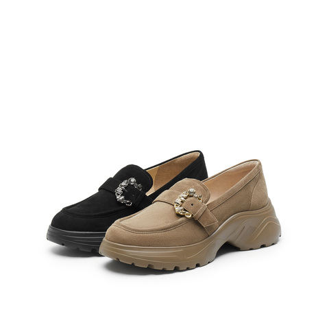 真美诗2025春季新款软糯羊绒钻扣圆头厚底乐福鞋女YYM35AA5