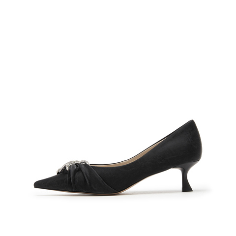 真美诗2025春季新款丝绸牛皮蛇形钻扣尖头高跟鞋女35016AQ5