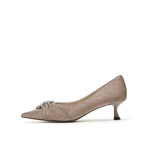 真美诗2025春季新款丝绸牛皮蛇形钻扣尖头高跟鞋女35016AQ5