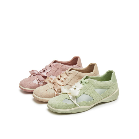 真美诗2025年秋季新款软糯芭蕾风网纱牛剖层革休闲鞋女96881CM5