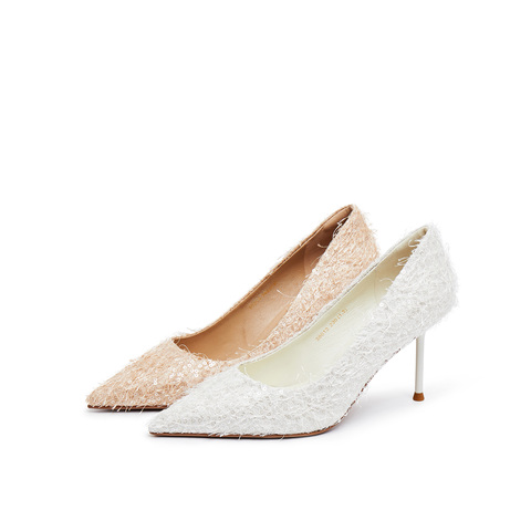 真美诗2025年秋季新款优雅流动羽毛尖头细高跟婚鞋38013CQ5