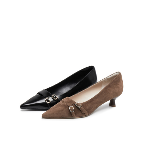 真美诗2025年秋季新款经典通勤尖头金属扣羊皮高跟鞋Y1R03CQ5