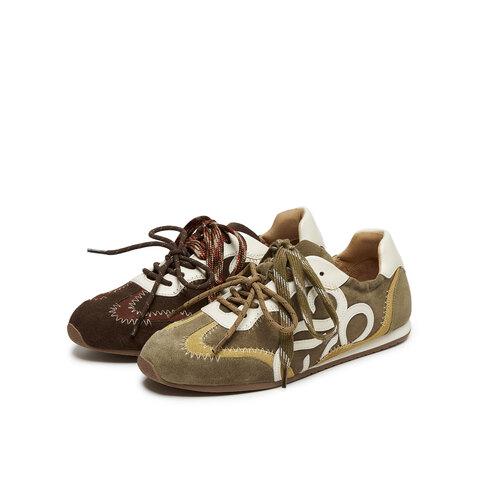 真美诗2025秋季新款复古牛绒撞色双鞋带明线薄底德训鞋YEC14CM5女