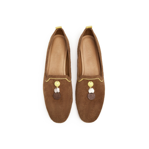 真美诗2025秋季新款细腻牛绒复古方圆头木质纹低跟单鞋YOK78CA5女