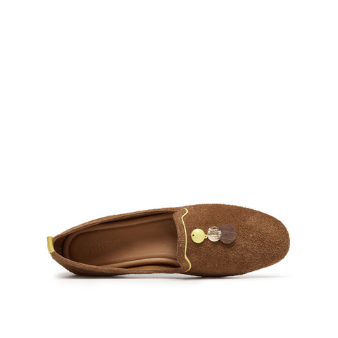 真美诗2025秋季新款细腻牛绒复古方圆头木质纹低跟单鞋YOK78CA5女