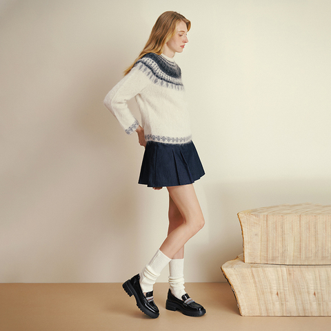 真美诗2025年秋季新款费尔岛风彩色织带厚底牛皮乐福鞋Y1O04CA5