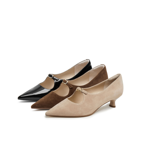 真美诗2025秋季新款金属饰扣经典尖头猫跟鞋女YCQ02CQ5