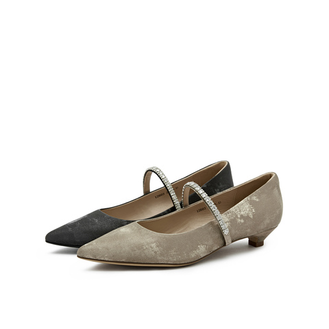 真美诗2025年秋季新款水钻细带装饰牛皮中跟浅口单鞋12603CQ5