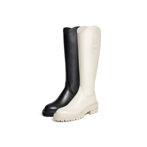 真美诗2025冬季新款商场同款V口牛皮高筒骑士靴YPU57DG5（绒里）