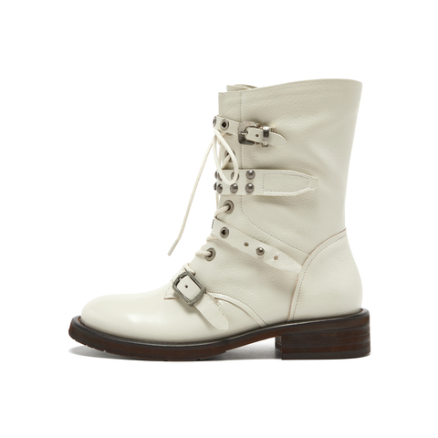 真美诗2025年冬季新款摇滚朋克风荔枝纹理羊皮革马丁靴Z238PDZ5