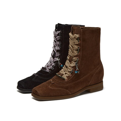 真美诗2025年冬季新款利落干练甜美织带甜酷羊皮革时装靴R1069DZ5