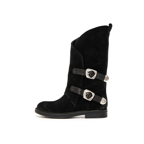 真美诗2025年冬季新款飒气直率双皮带饰扣牛皮西部靴2B01ADG5