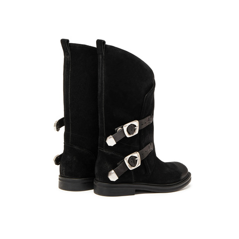 真美诗2025年冬季新款飒气直率双皮带饰扣牛皮西部靴2B01ADG5