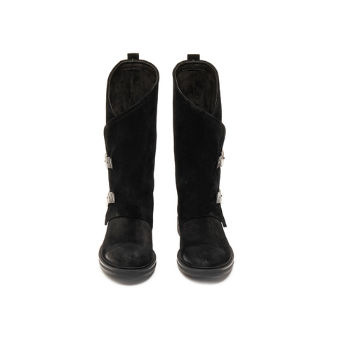 真美诗2025年冬季新款飒气直率双皮带饰扣牛皮西部靴2B01ADG5