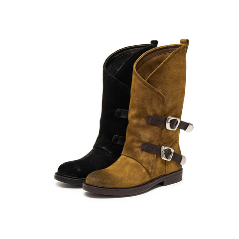 真美诗2025年冬季新款飒气直率双皮带饰扣牛皮西部靴2B01ADG5