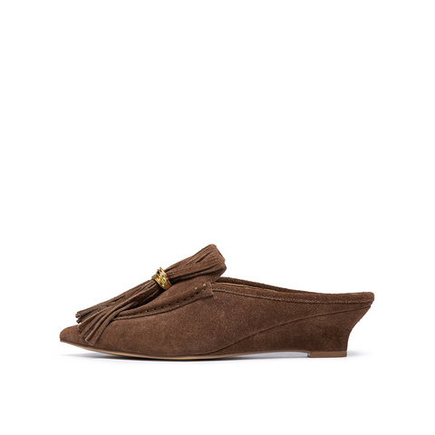 真美诗2025年秋季新款优雅慵懒舒适坡跟牛皮包头拖Y1L01CH5