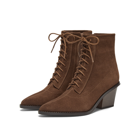 真美诗2025冬季新款牛绒皮面优雅绑带尖头粗跟西部靴女YZG11DD5