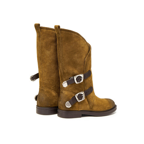 真美诗2025年冬季新款飒气直率双皮带饰扣牛皮西部靴2B01ADG5