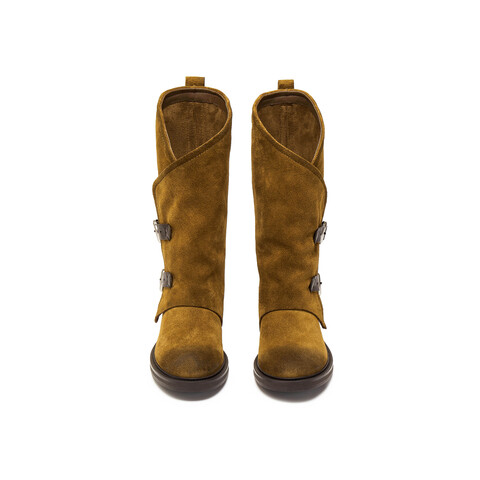 真美诗2025年冬季新款飒气直率双皮带饰扣牛皮西部靴2B01ADG5