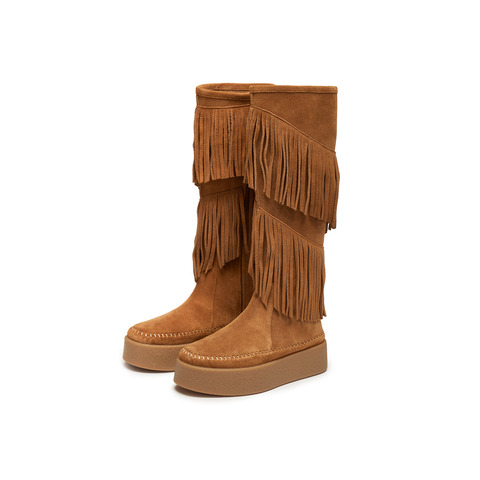 真美诗2025年冬季新款复古腔调流苏牛剖层革西部靴G0141DC5