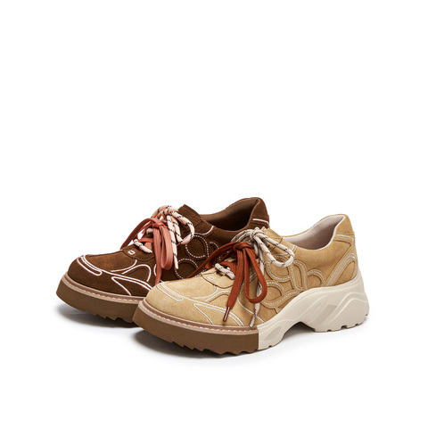 真美诗2025年秋季新款美式复古双色拼底牛剖层革休闲鞋Y1S06CM5