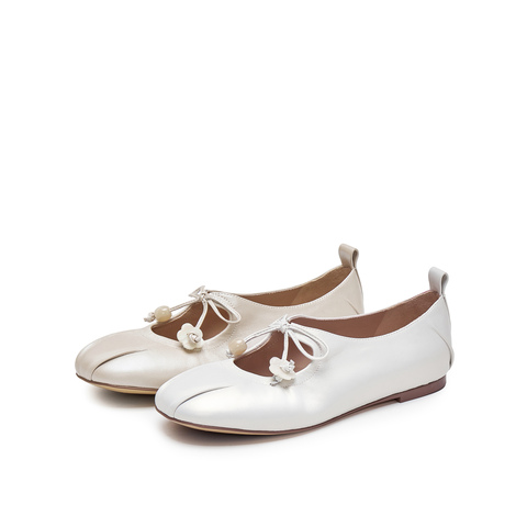 真美诗2025春季新款花朵饰扣蝴蝶结羊皮玛丽珍鞋女10405AQ5