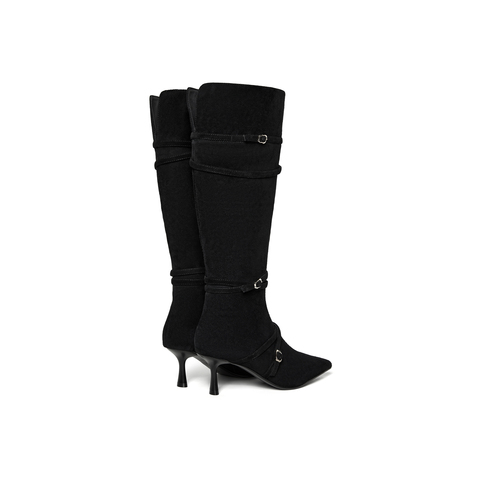 真美诗2025年冬季新款贵气感金属小扣羊皮革尖头高跟靴61651DC5